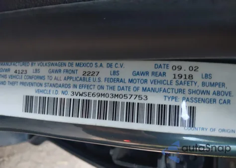 2003 Volkswagen Jetta Gls 1.8T z USA, uszkodzony, nr VIN 3VWSE69M03M057753